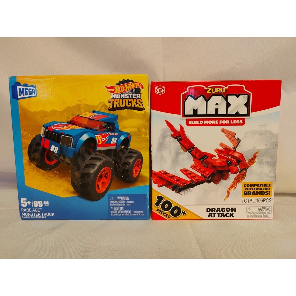 NIB Mega Hot Wheels Race Ace Monster Truck‎ & Max Dragon Attack Building Blocks